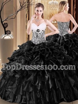 Decent Black Sleeveless Organza Lace Up Sweet 16 Dress for Military Ball and Sweet 16 and Quinceanera