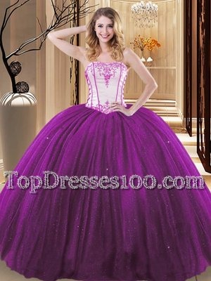 White And Purple Strapless Lace Up Embroidery Sweet 16 Dress Sleeveless