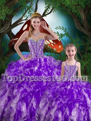 Eggplant Purple Ball Gowns Sweetheart Sleeveless Organza Floor Length Lace Up Beading and Ruffles 15th Birthday Dress