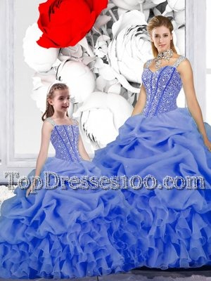 Pick Ups Straps Sleeveless Lace Up Ball Gown Prom Dress Blue Organza