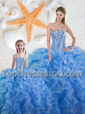 Decent Baby Blue Sleeveless Organza Lace Up Sweet 16 Dresses for Military Ball and Sweet 16 and Quinceanera