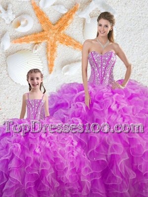 Cheap Fuchsia Lace Up Sweetheart Beading and Ruffles Quinceanera Gown Organza Sleeveless
