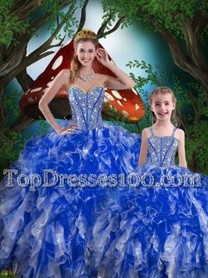 Navy Blue Sleeveless Floor Length Beading and Ruffles Lace Up Sweet 16 Dresses
