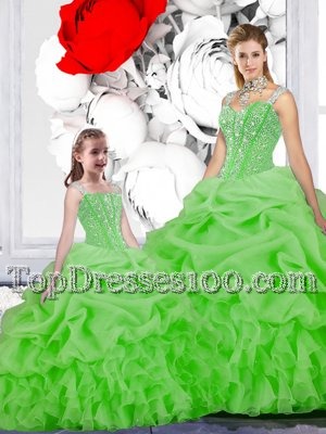 Straps Straps Organza Sleeveless Floor Length Quinceanera Dress and Beading and Ruffles and Pick Ups
