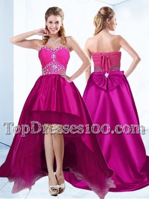 Brush Train A-line Cocktail Dress Fuchsia Sweetheart Satin Sleeveless With Train Lace Up