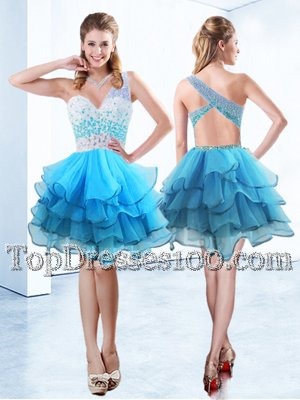 Fantastic Aqua Blue One Shoulder Neckline Beading and Ruffled Layers Cocktail Dresses Sleeveless Criss Cross