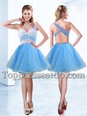 Custom Design Baby Blue A-line One Shoulder Sleeveless Organza Knee Length Criss Cross Beading Cocktail Dresses