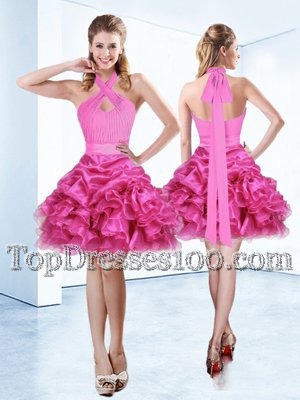 Halter Top Sleeveless Zipper Cocktail Dresses Hot Pink Organza