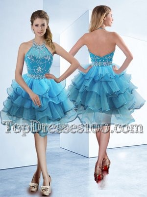 Most Popular Halter Top Sleeveless Beading and Ruffled Layers Zipper Teens Party Dress