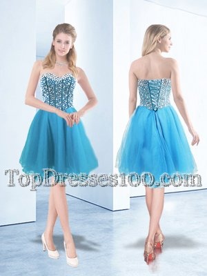 Romantic Blue Cocktail Dress Prom and Party and For with Beading Sweetheart Sleeveless Lace Up