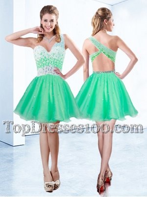 Traditional One Shoulder Turquoise Criss Cross Juniors Party Dress Beading Sleeveless Knee Length