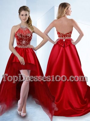 Luxury Red Zipper Halter Top Beading Cocktail Dresses Satin Sleeveless