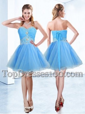 Blue Sleeveless Beading and Ruching Mini Length Party Dresses