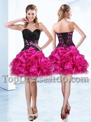 Organza Sweetheart Sleeveless Lace Up Beading and Ruffles and Pick Ups Club Wear in Fuchsia