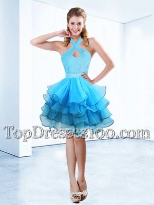 Halter Top Sleeveless Organza Juniors Party Dress Ruffles and Ruching and Belt Zipper