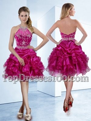 Sumptuous Halter Top Fuchsia Organza Zipper Cocktail Dress Sleeveless Knee Length Beading and Ruffles and Pick Ups