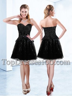 Black A-line Sweetheart Sleeveless Organza Mini Length Zipper Beading and Lace Cocktail Dress