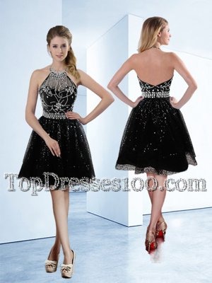 Halter Top Sleeveless Party Dresses Knee Length Beading Black Tulle