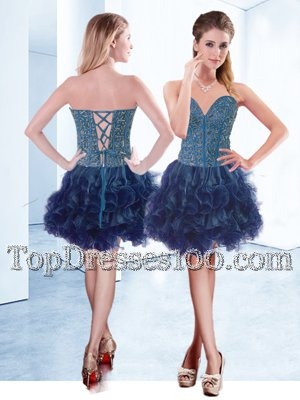 Eye-catching Navy Blue V-neck Lace Up Beading Party Dress for Toddlers Sleeveless