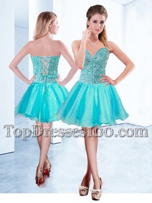 Shining Ball Gowns Cocktail Dress Aqua Blue V-neck Organza Sleeveless Mini Length Lace Up