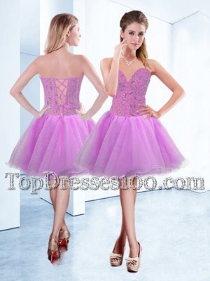 Customized Beading Cocktail Dress Lilac Lace Up Sleeveless Knee Length