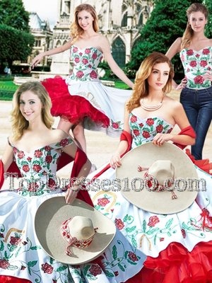 Sophisticated Four Piece Sleeveless Embroidery and Ruffles Lace Up 15 Quinceanera Dress