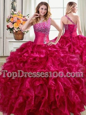Inexpensive Fuchsia Ball Gowns Organza One Shoulder Sleeveless Beading and Ruffles Floor Length Lace Up Sweet 16 Quinceanera Dress