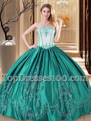 Floor Length Turquoise Sweet 16 Quinceanera Dress Taffeta Sleeveless Embroidery