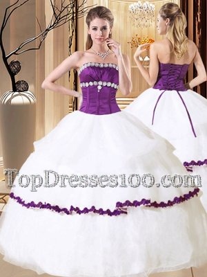 Colorful Sleeveless Organza Floor Length Lace Up Sweet 16 Dress in White for with Beading and Embroidery and Ruffled Layers