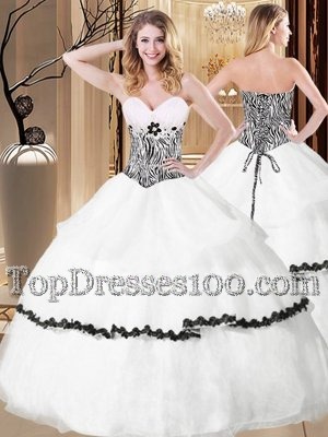 White Ball Gowns Organza Sweetheart Sleeveless Ruffled Layers and Pattern Floor Length Lace Up Quinceanera Gown