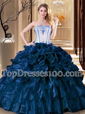 Navy Blue Organza Lace Up Strapless Sleeveless Floor Length Quinceanera Gown Pick Ups