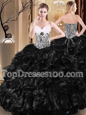 Modern Black Ball Gowns Sweetheart Sleeveless Tulle Floor Length Lace Up Ruffles and Pattern Quinceanera Gown
