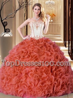 Rust Red Sleeveless Floor Length Embroidery and Ruffles Lace Up Sweet 16 Dresses