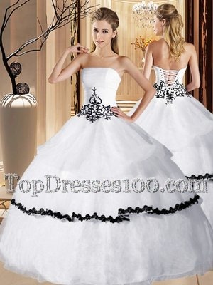 Stunning Organza Strapless Sleeveless Lace Up Appliques and Ruffled Layers 15 Quinceanera Dress in White