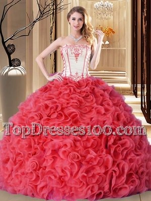Coral Red Lace Up Quinceanera Dress Embroidery and Ruffles Sleeveless Floor Length