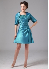 Teal Appliques and Ruch Mini-length Mother Of The Bride Dress With Jacket