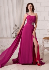 Fuchsia Empire Beaded Decorate Shoulder One Shoulder Watteau Train Prom Gowns For Custom Made