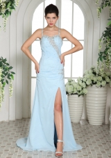 Light Blue High Slit Spaghetti Straps Beaded Over Bodice Prom Dress With Brush Train