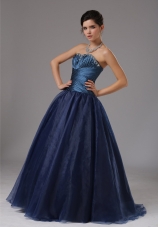 Beaded Decorate A-line Blue Strapless Organza Prom Dress