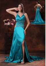 High Slit Halter Brush Train Prom Dress With Beaded Decorate