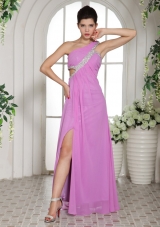 Custom Made Slit Lavender One Shoulder 2013 Prom Celebrity Dress With Ruch and Beading