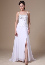 High Slit Column Beaded Decorate Shoulder Customize Straps Chiffon Prom Dress