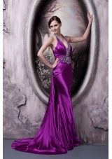 Eggplant Purple Column Halter Brush Train Silk Like Satin Beading and Appliques Prom Dress