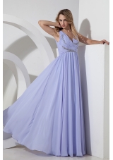 Lilac Empire V-neck Floor-length Chiffon Beading Prom Dress