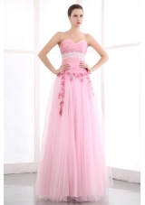Pink A-line Sweetheart Floor-length Taffeta and Tulle Appliques Prom Dress