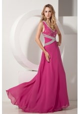 Fuchsia A-line V-neck Floor-length Chiffon Appliques With Beading Prom dress