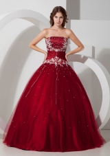 Wine Red Ball Gown Strapless Floor-length Satin and Tulle Appliques and Beading Quinceanera Dress