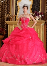 Coral Red Ball Gown Strapless Floor-length Organza Appliques Quinceanera Dress