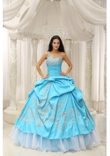 Aqua One Shoulder Embroidery Decorate Quinceanera Dress With Organza