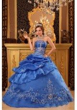 Blue Ball Gown Strapless Floor-length Organza Beading Quinceanera Dress